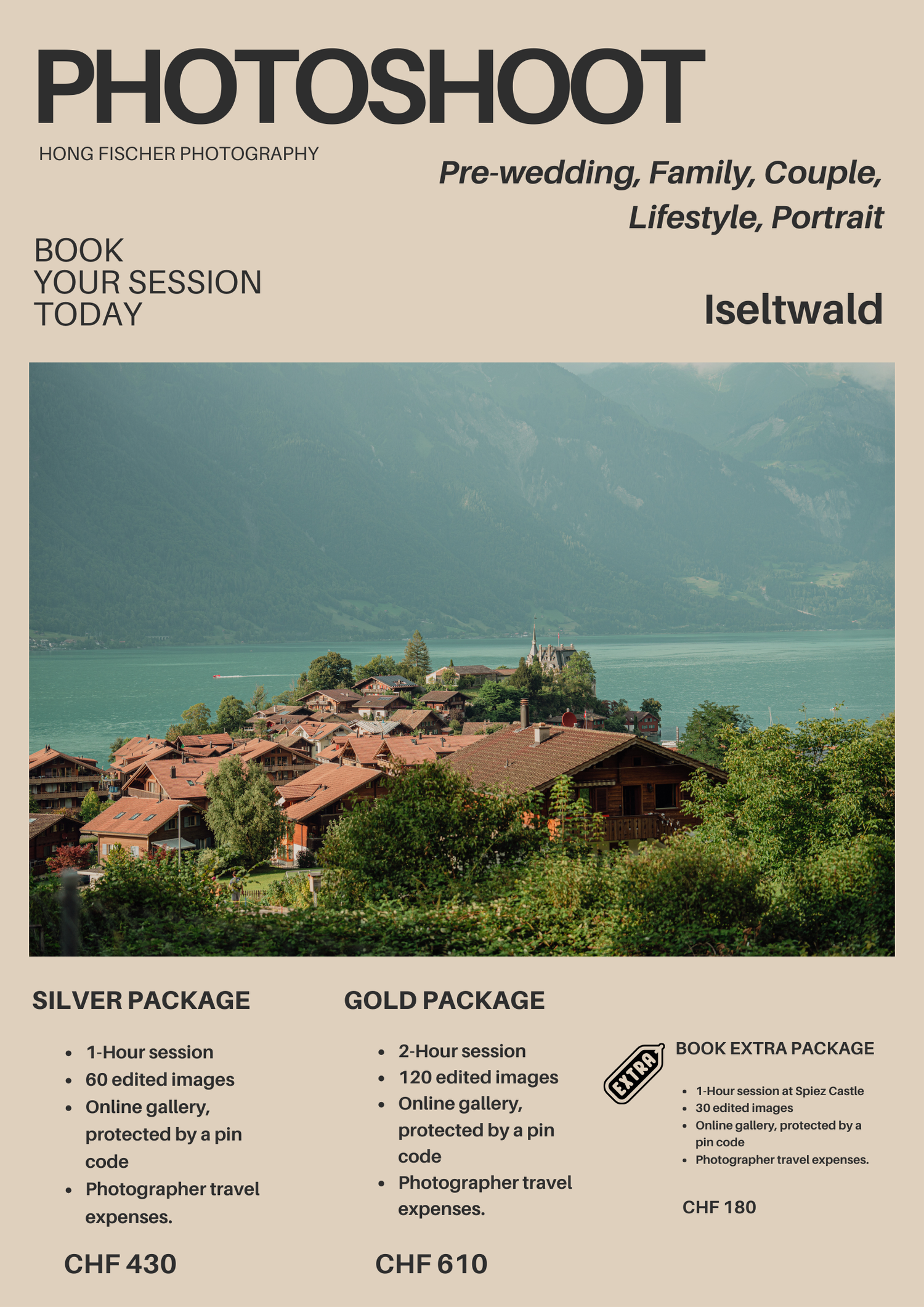 Hong Fischer Photography Iseltwald photoshoot flyer showing lakeside village aerial view, offering Silver CHF430 and Gold CHF610 packages.