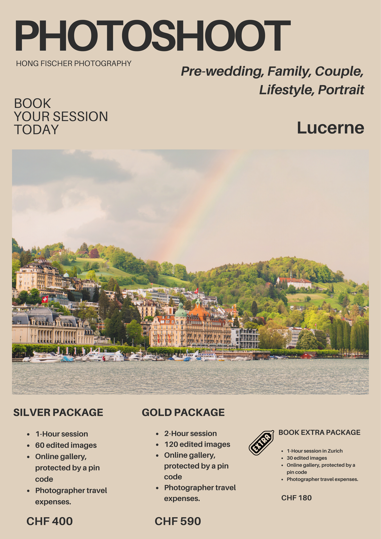 Hong Fischer Photography photoshoot package flyer for Lucerne featuring colorful lakeside buildings.
