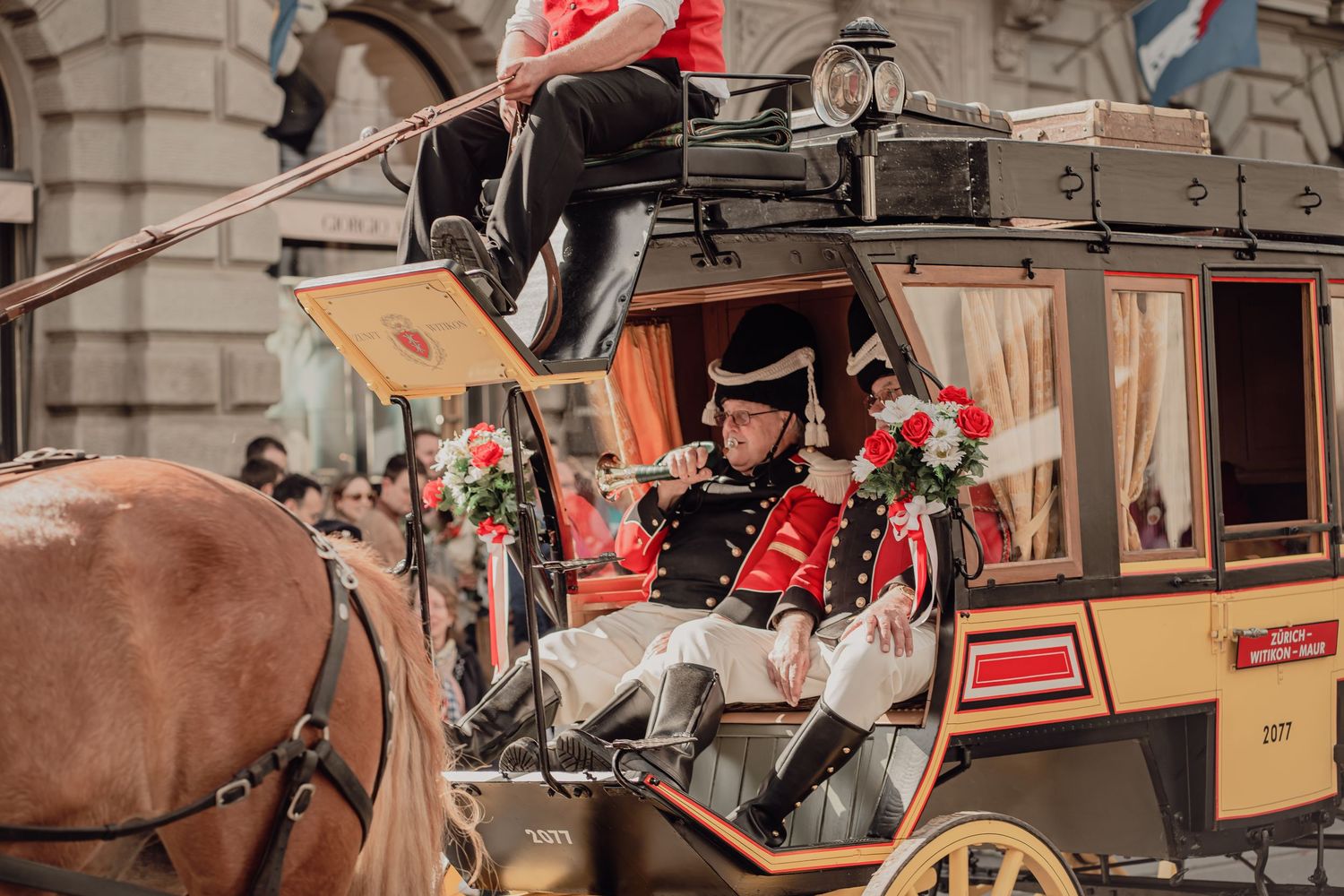 Performer in historical military uniform plays horn aboard a decorated horse-drawn carriage adorned with roses.