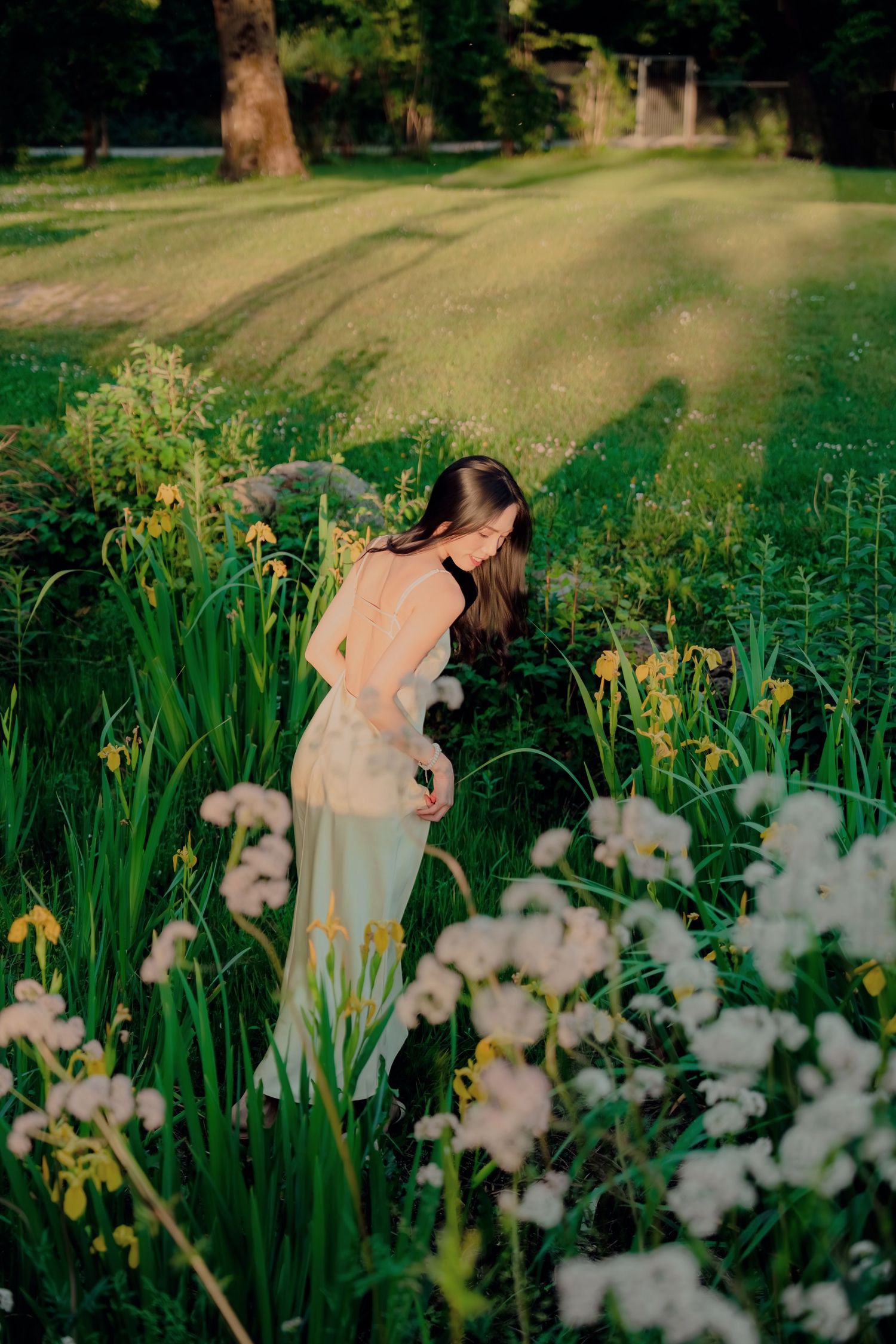 Woman in flowy dress standing among yellow irises and white wildflowers in sunlit garden.