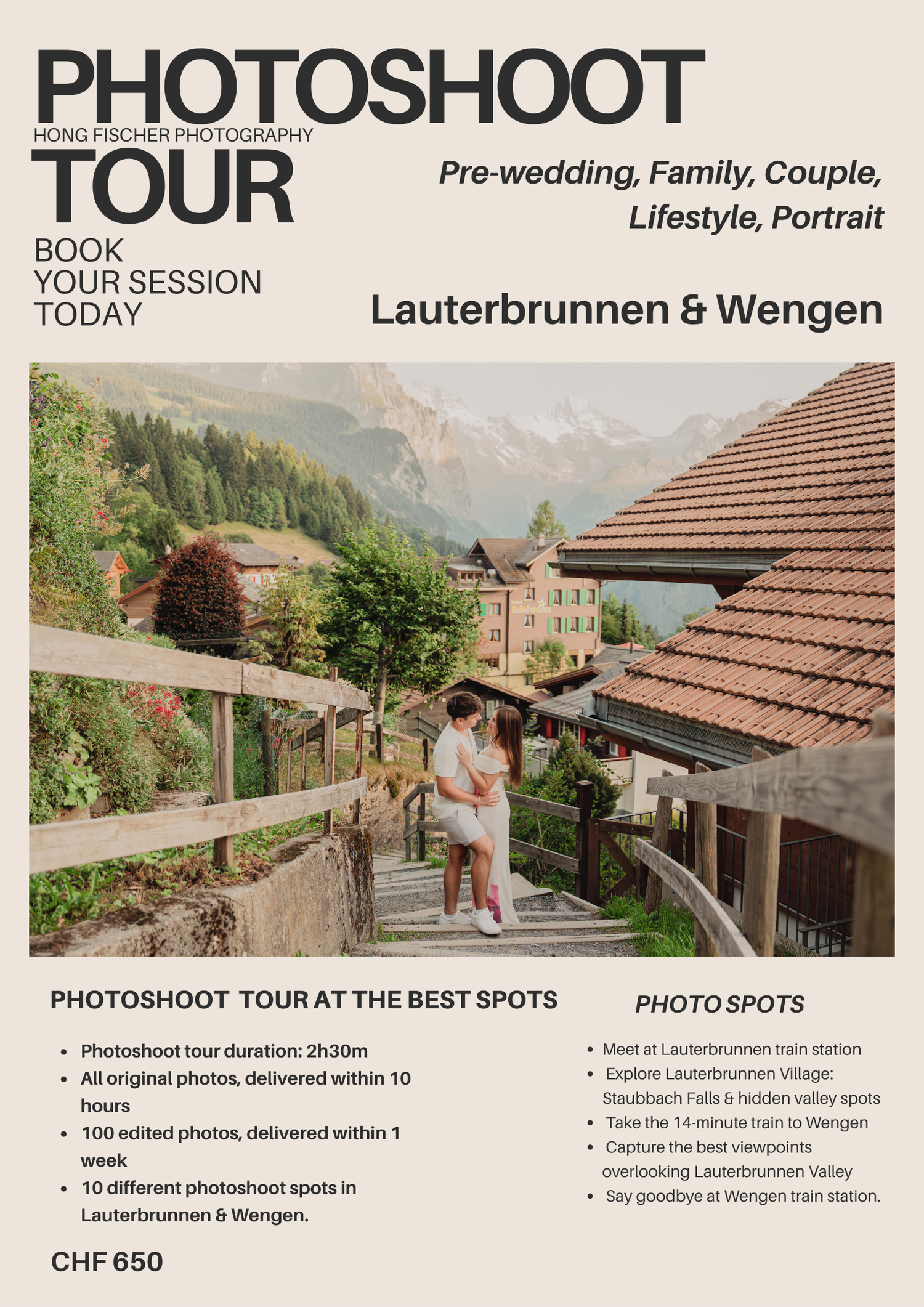 Photoshoot tour flyer for Lauterbrunnen and Wengen featuring couple walking through charming alpine village street.