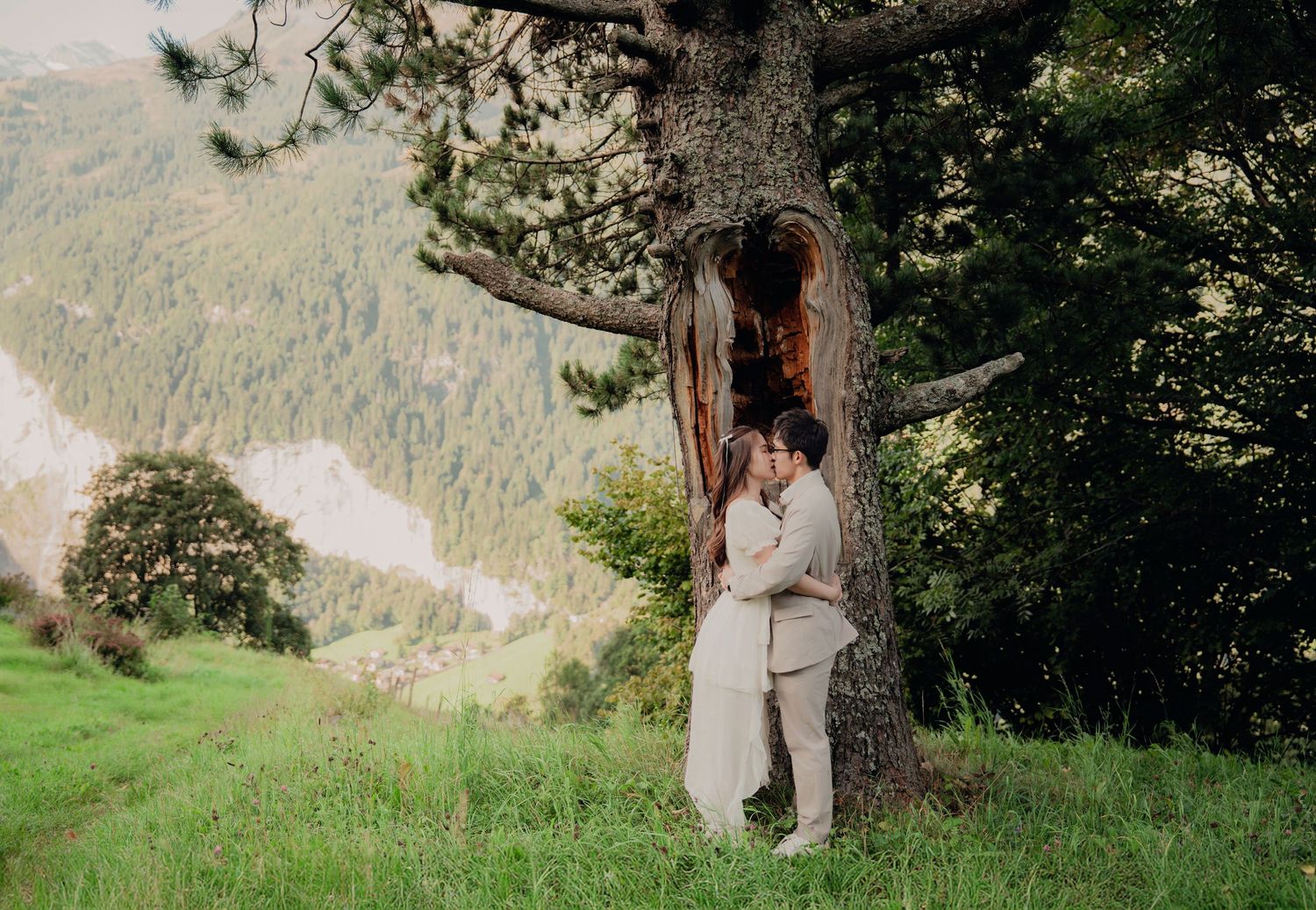 Bride and groom share a romantic kiss leaning against a large weathered tree with alpine valley views behind them.