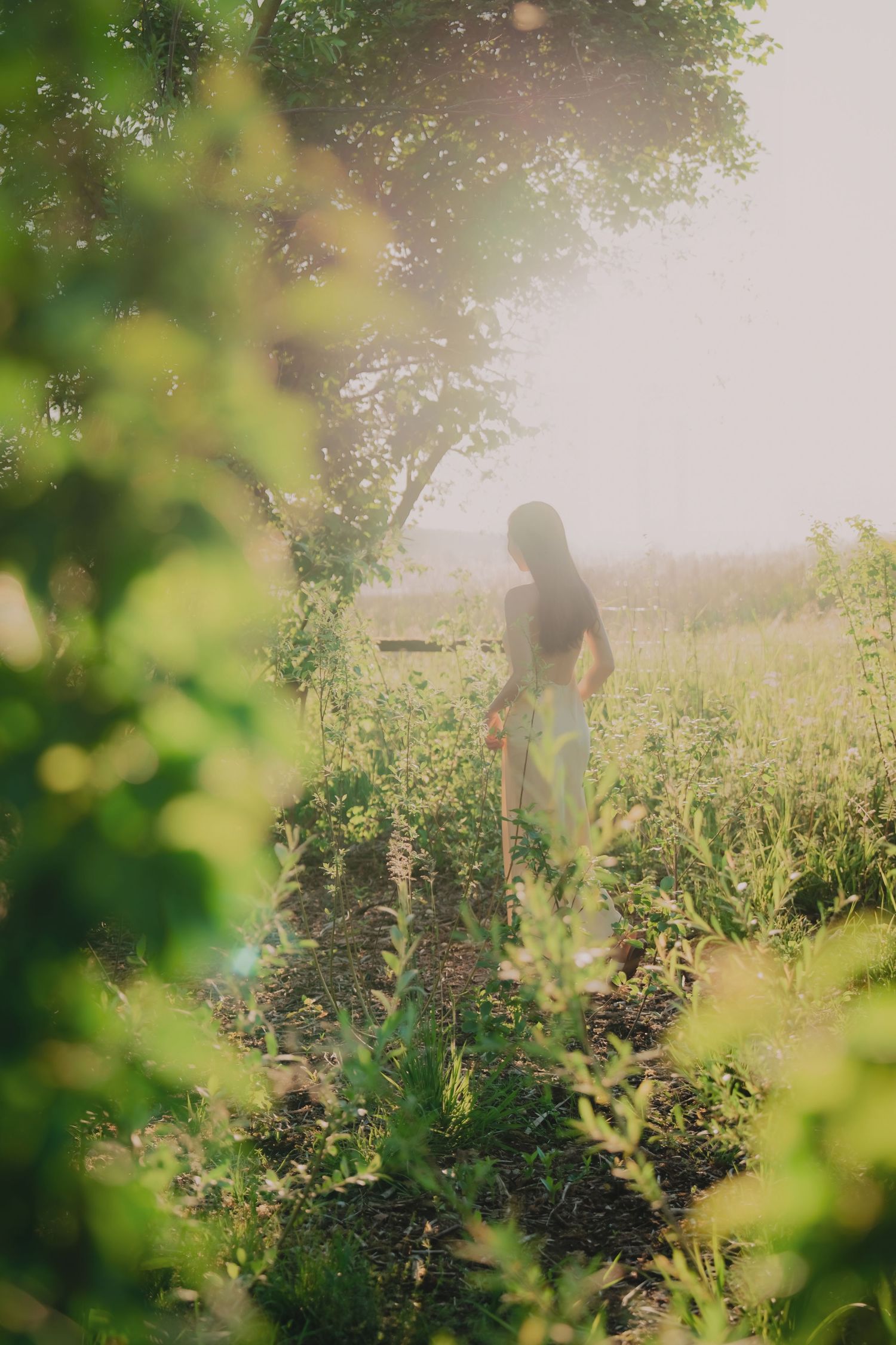 Woman standing in lush green garden field bathed in warm golden sunlight with trees in background.