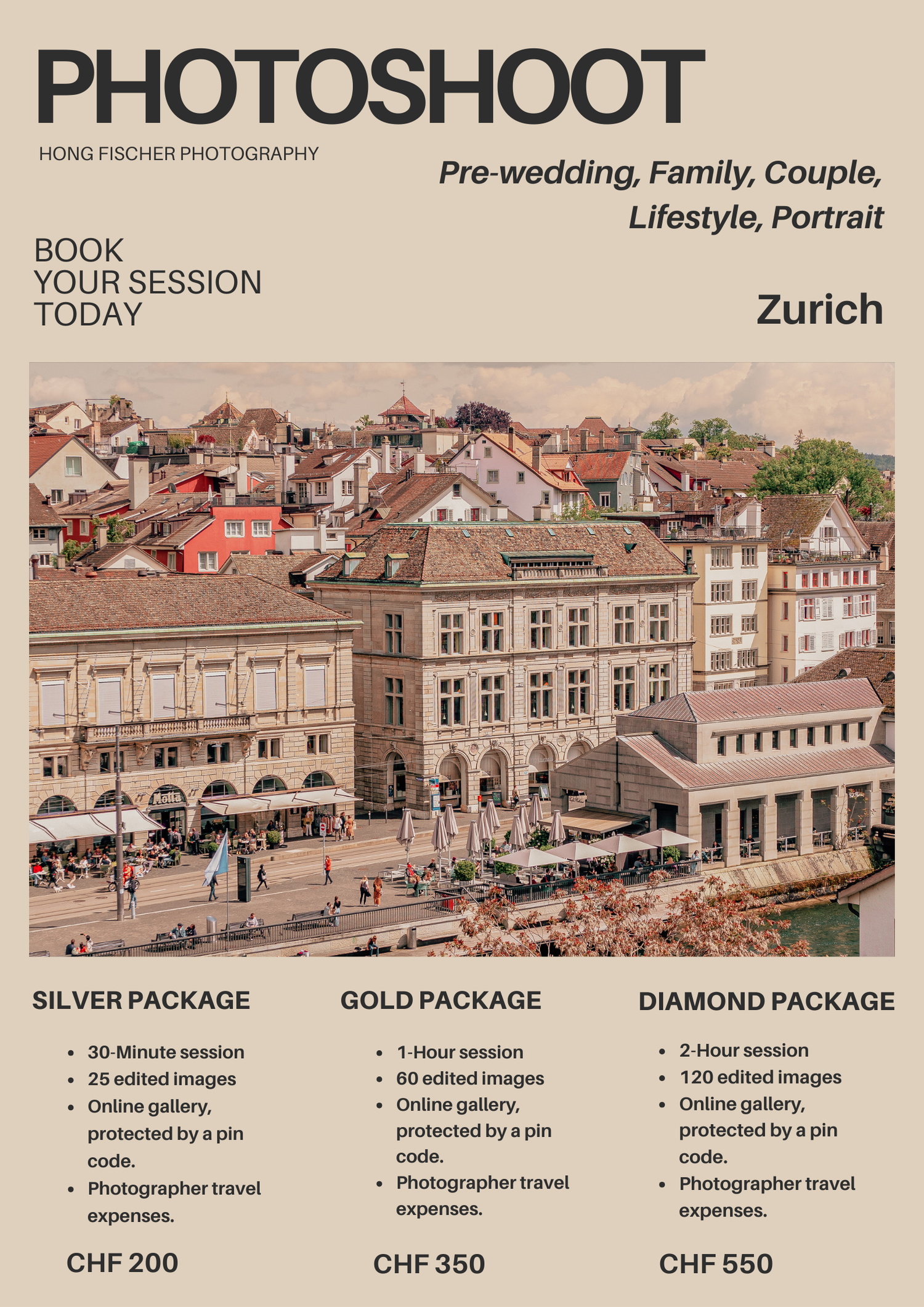 Hong Fischer Photography Zurich photoshoot flyer featuring colorful old town square, Silver CHF200, Gold CHF350, Diamond CHF550 packages.