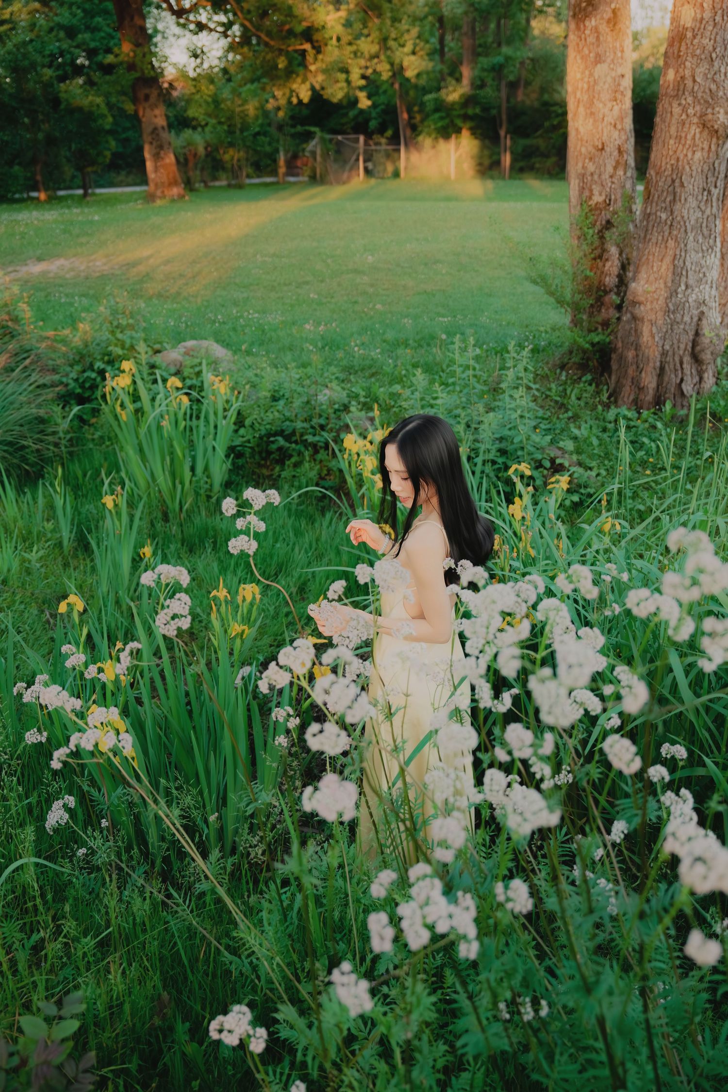 Dark-haired woman in yellow dress exploring white wildflowers in a sunlit garden park.