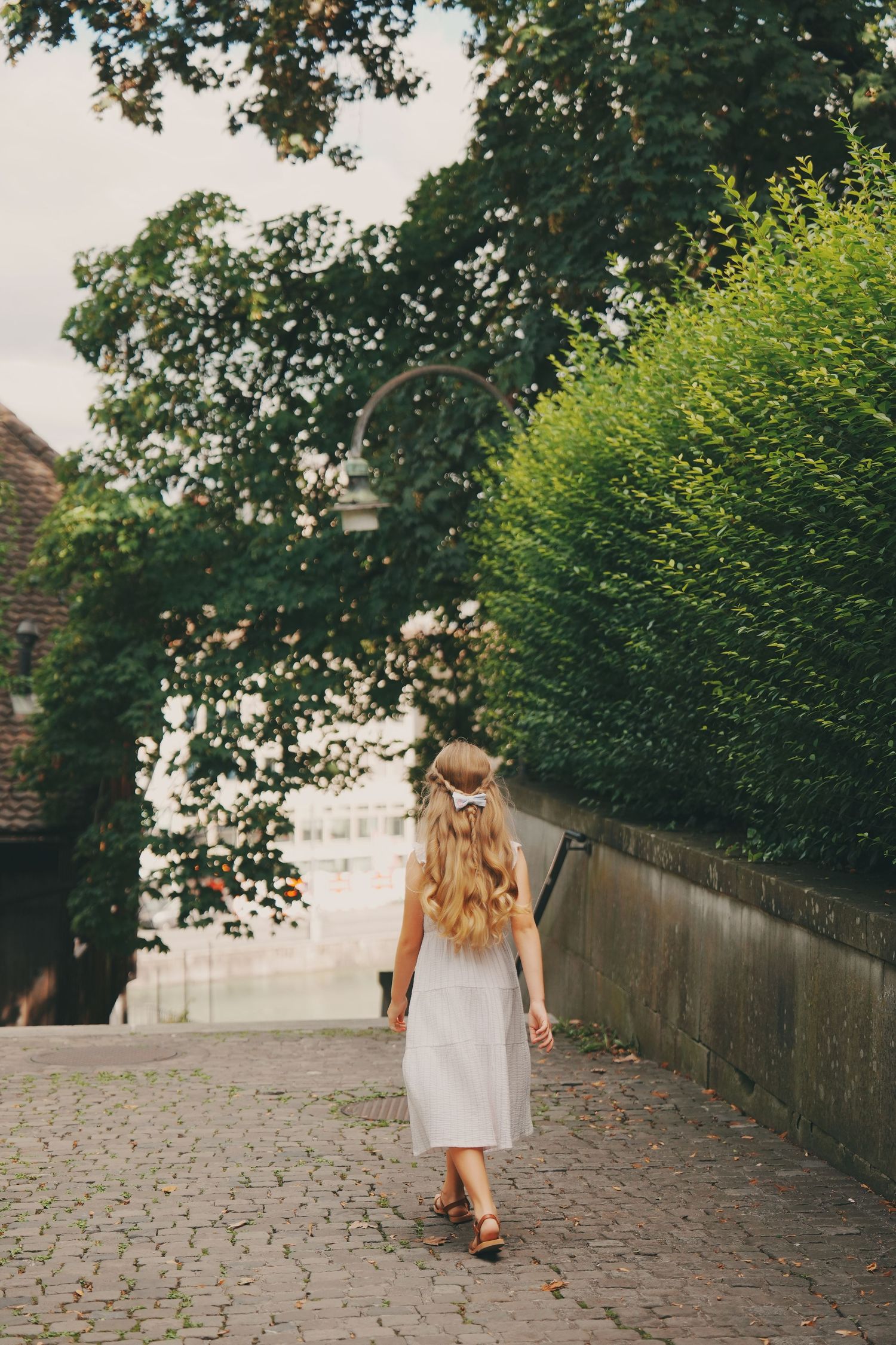 Young girl in white dress walking along a cobblestone path lined with green hedges.