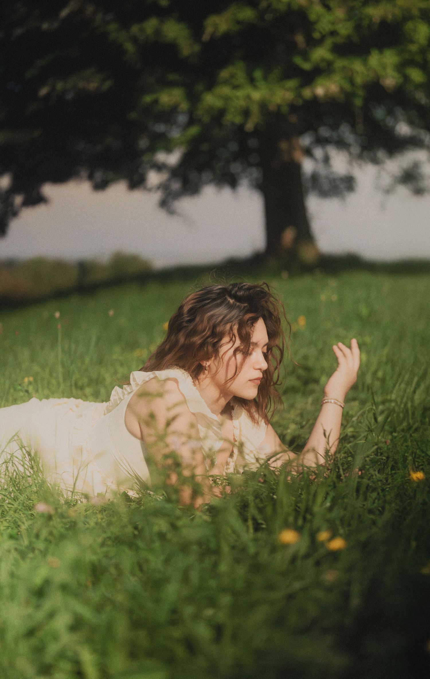 Woman in white dress lying in lush green grass field with yellow wildflowers beneath a large tree.