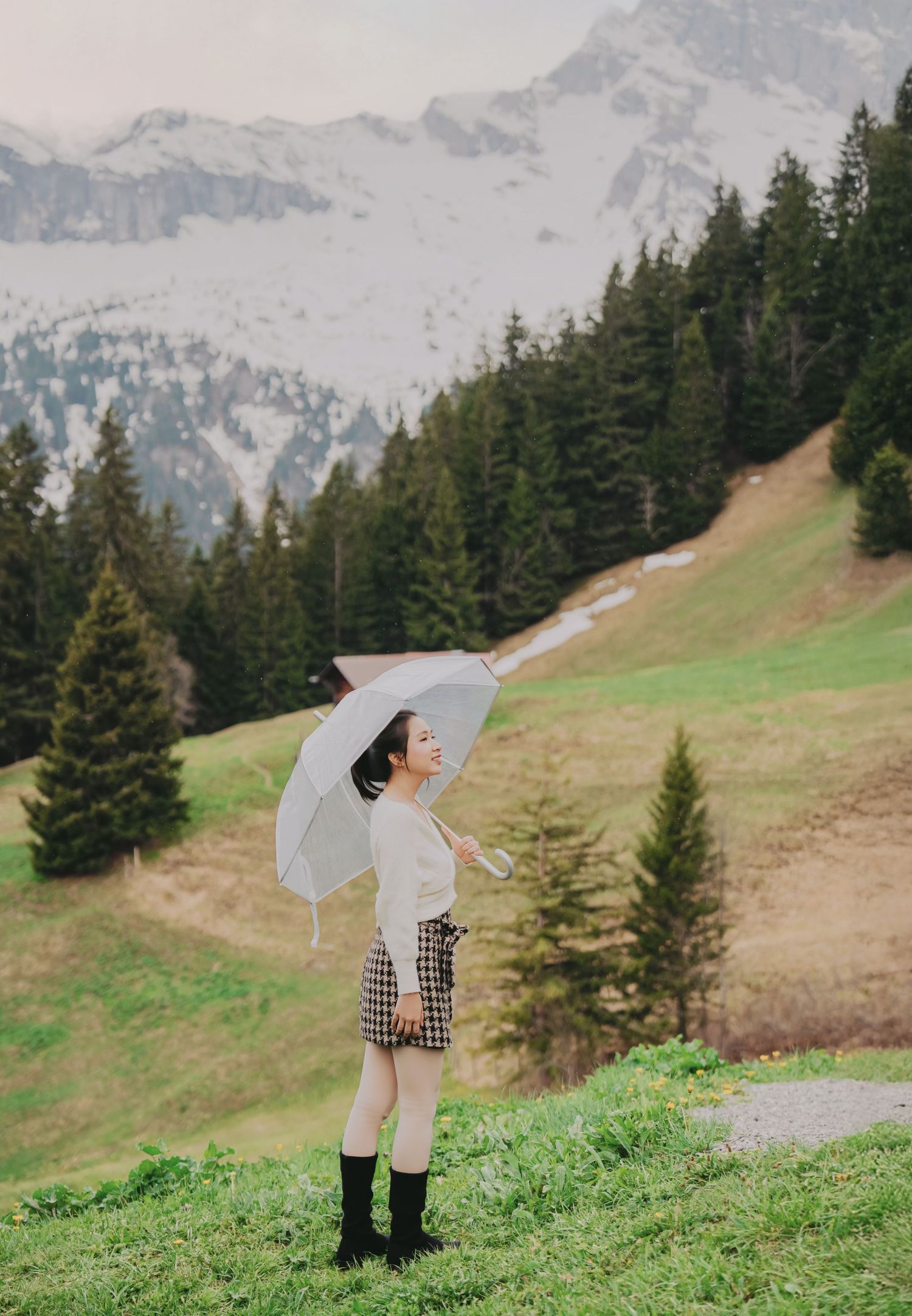 Woman with clear umbrella stands on green alpine hillside surrounded by evergreen trees and snowy peaks.