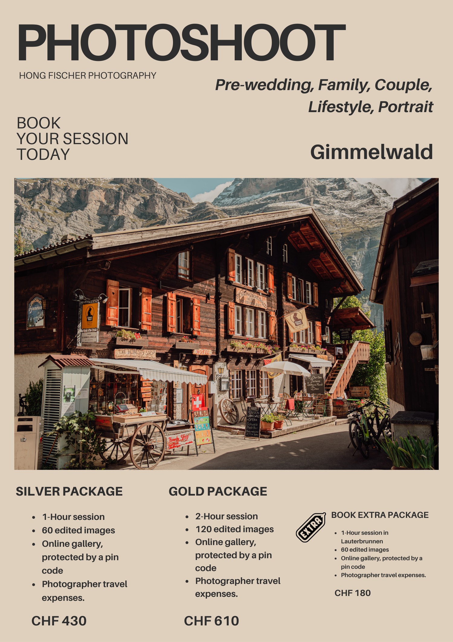 A charming Swiss chalet in Gimmelwald with flower boxes, perfect for pre-wedding and family photoshoots by Hong Fischer Photography.