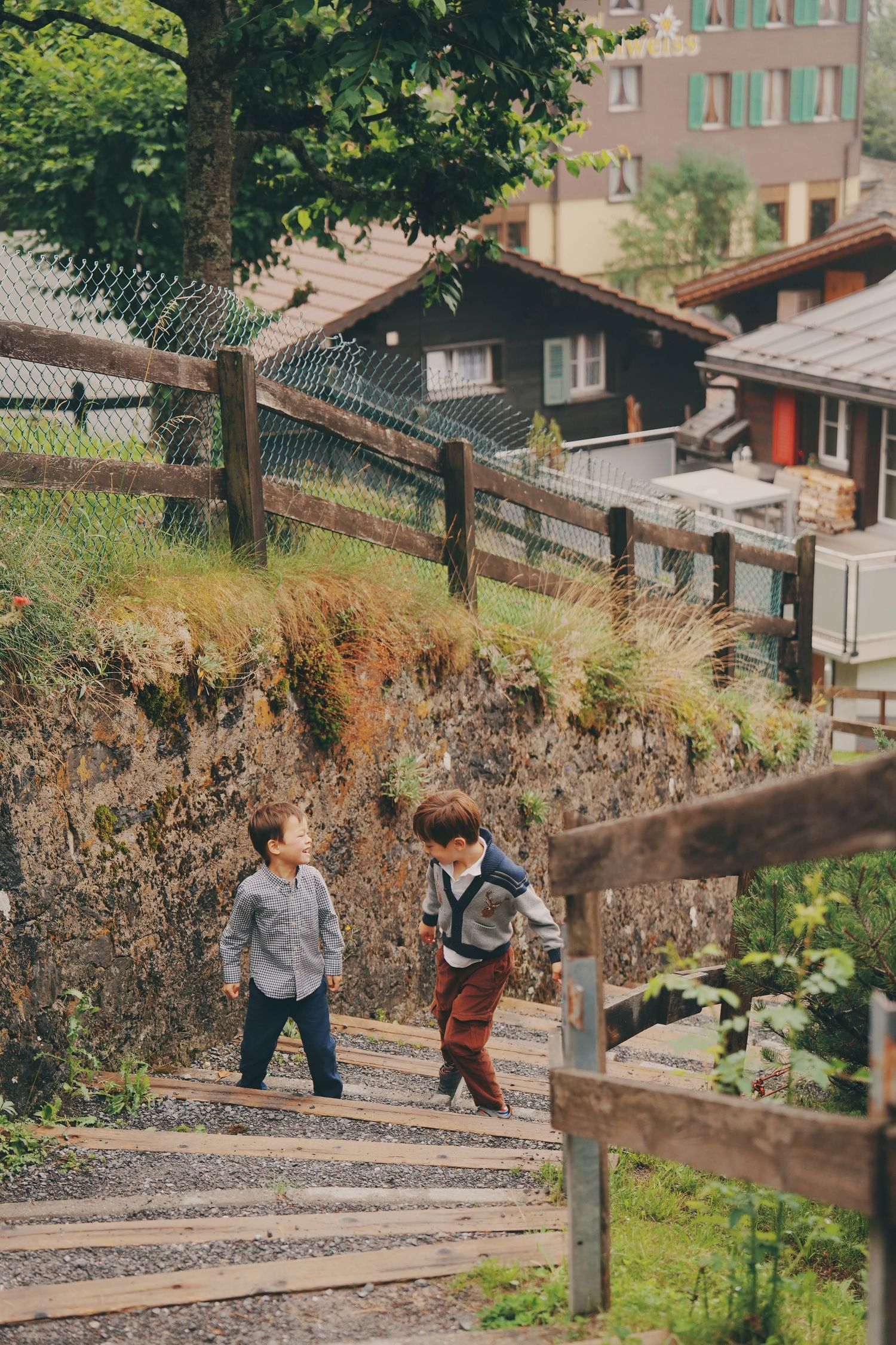Two young boys climb wooden stairs together in a green alpine village with traditional houses.
