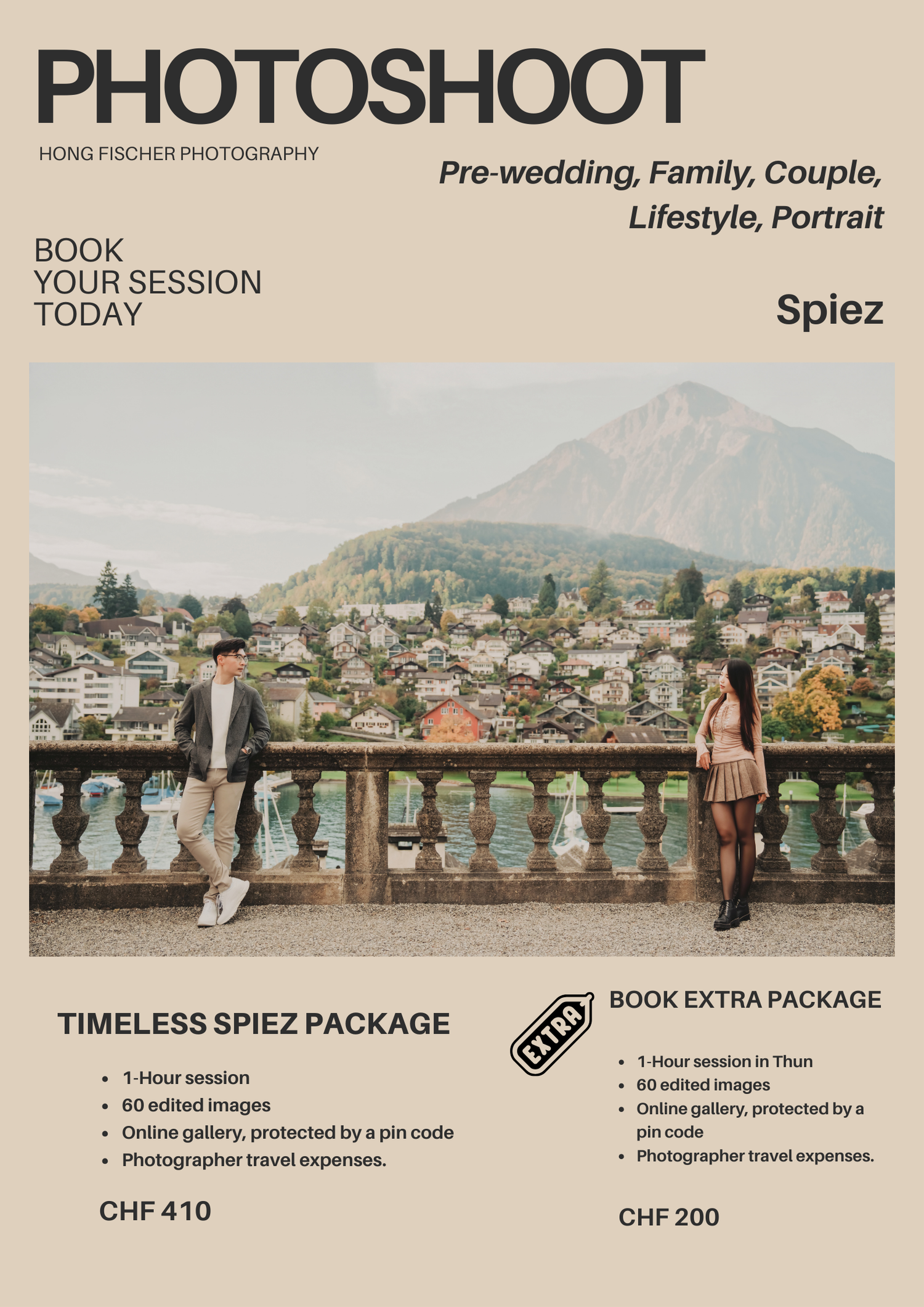 Hong Fischer Photography Spiez photoshoot flyer with couple posing on terrace overlooking lake, Timeless Spiez Package CHF410.