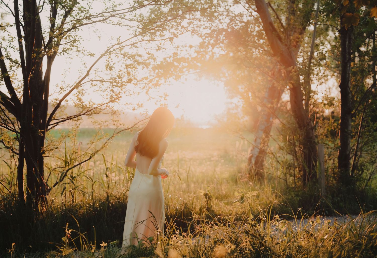Woman in white dress standing in golden sunlight among trees in a serene meadow at sunset.