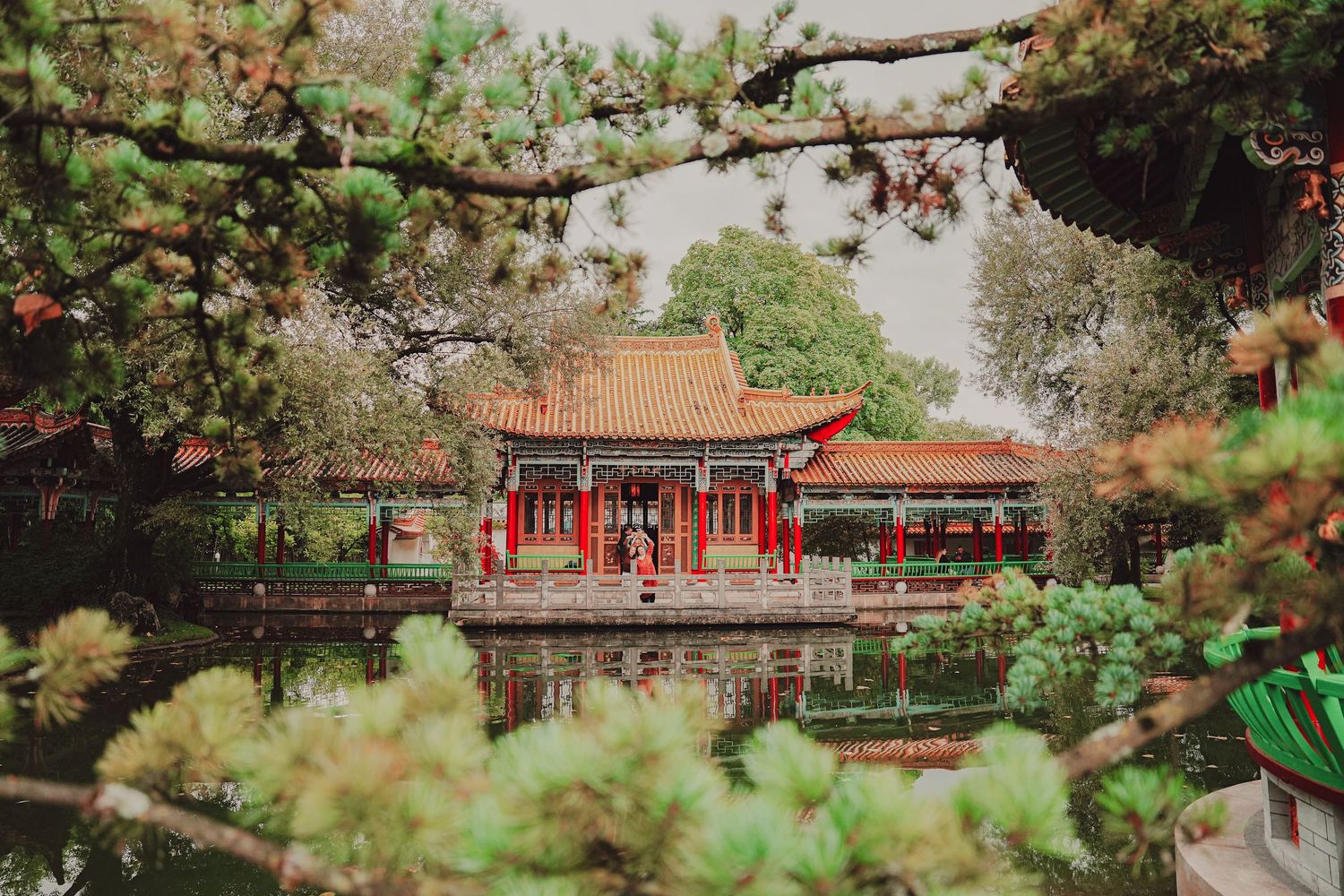 Serene Chinese garden pavilion with red columns reflected in still pond through pine branches.