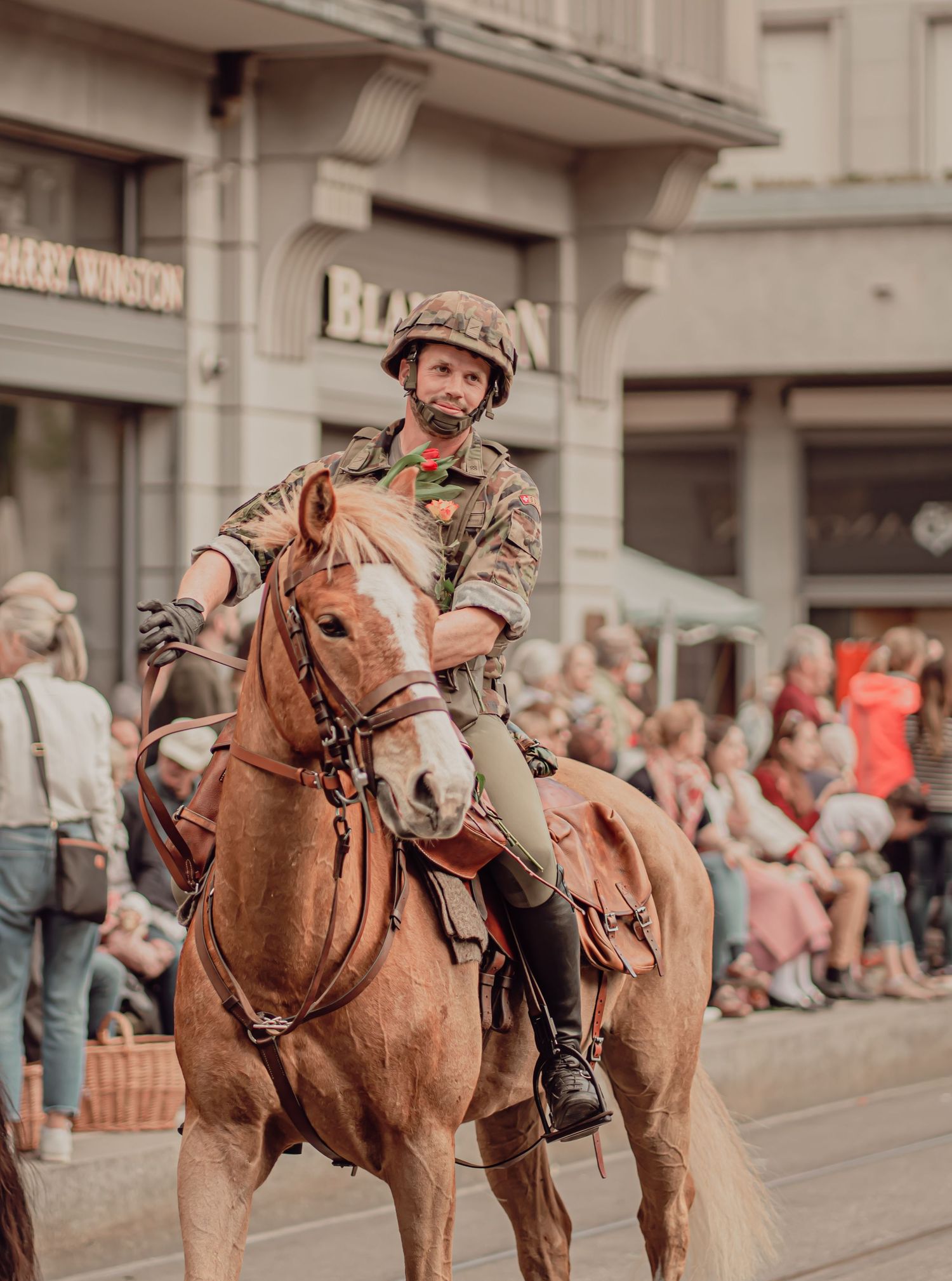 Soldier in military uniform rides a chestnut horse past a crowd at an outdoor street parade.