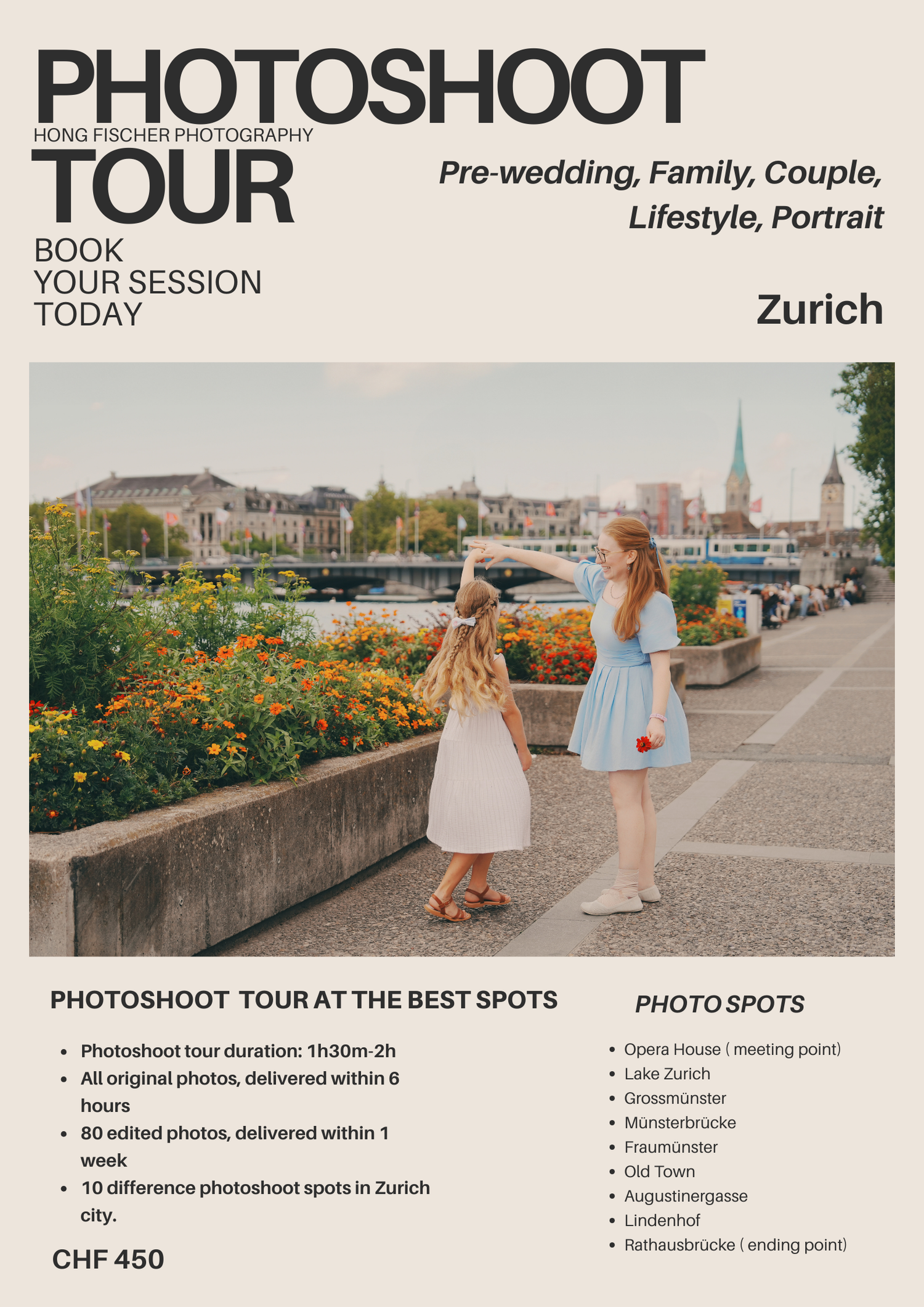 Photoshoot tour flyer for Zurich featuring couple walking along flower-lined riverbank with city skyline backdrop.