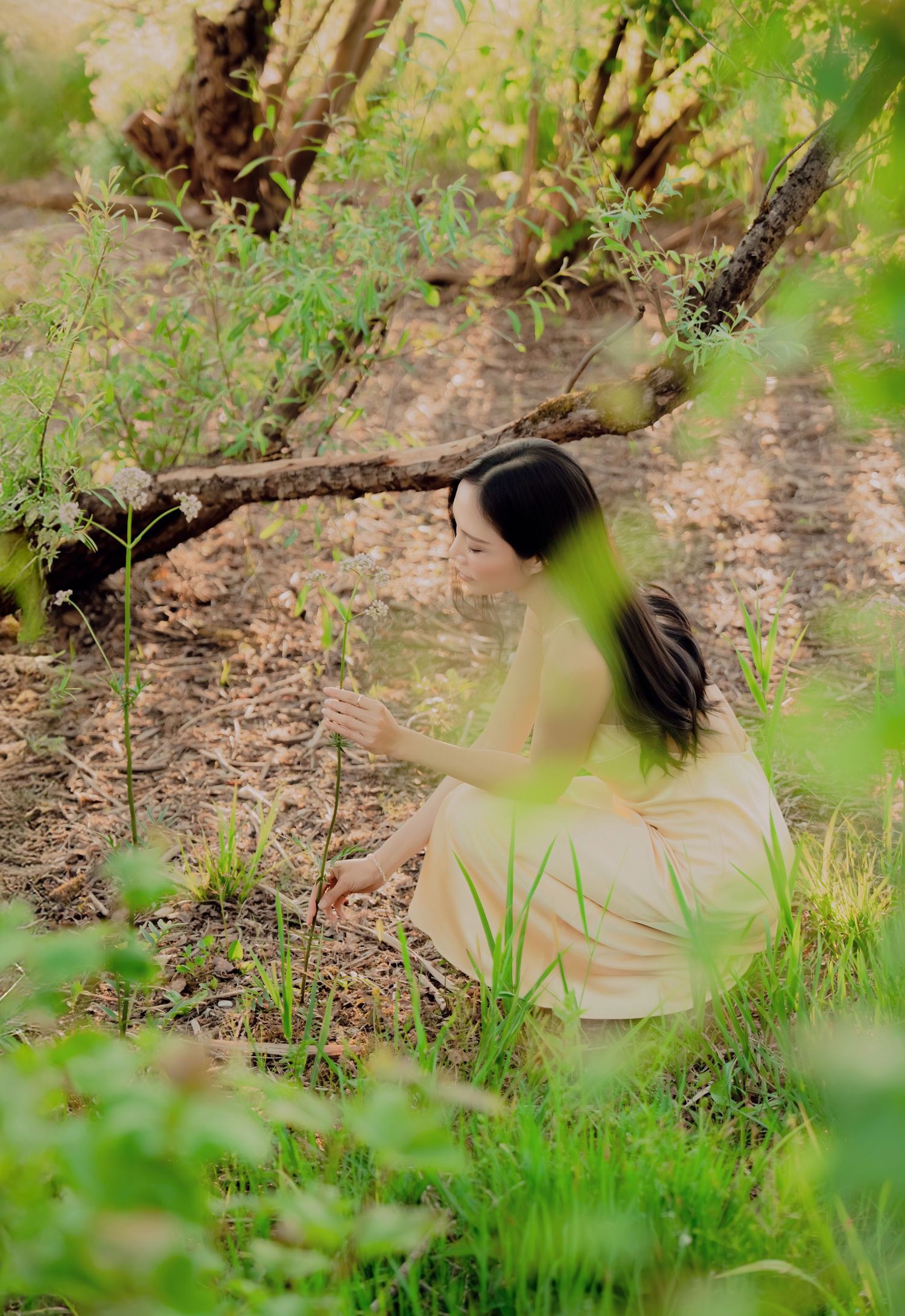 A young woman in a yellow dress sits peacefully on the ground in a lush green forest setting.