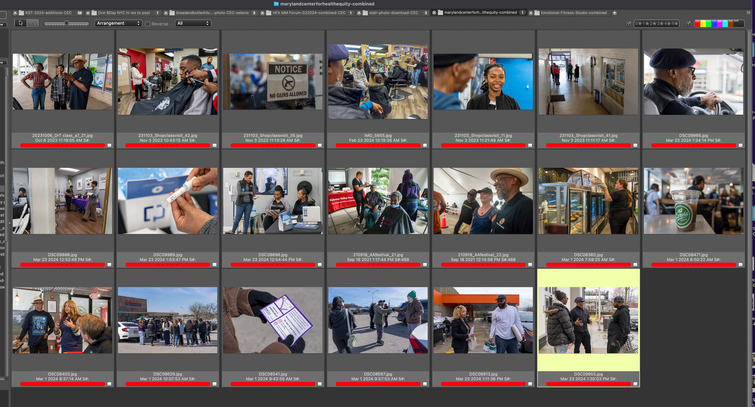 Digital photo editing interface showing multiple thumbnail images in a timeline view.