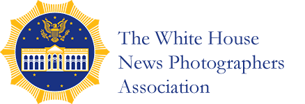 White House News Photographers Association logo with gold emblems and blue text.