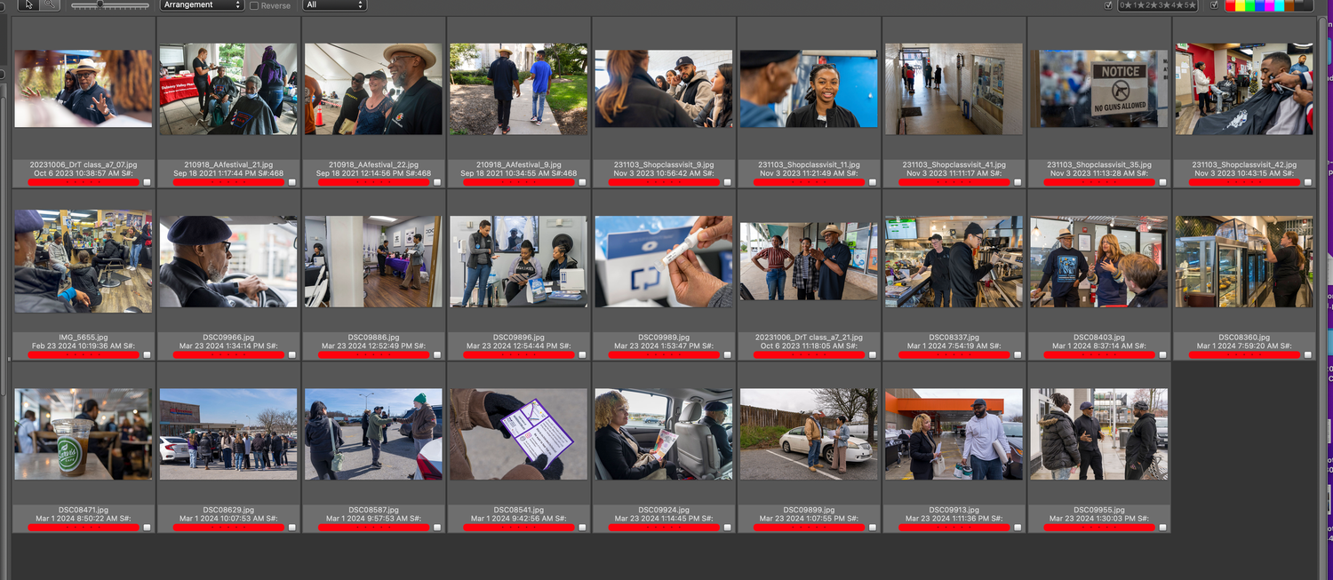 Contact sheet of multiple photographs showing various indoor and outdoor scenes.