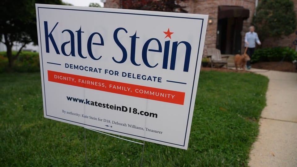 Kate Stein Democrat for Delegate campaign yard sign on green lawn promoting dignity, fairness, family, and community values.