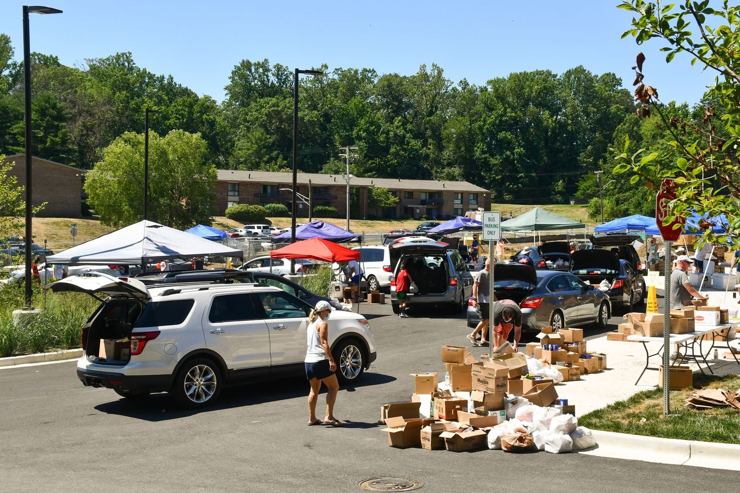 Cars lined up in a parking lot with stacks of boxes and supplies being distributed at an outdoor event.
