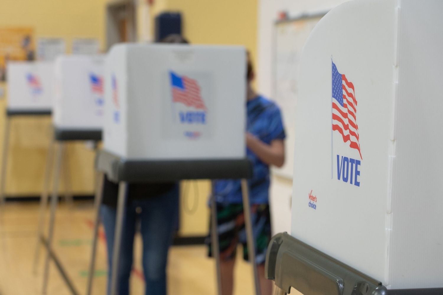 Voters casting ballots at white voting booths with American flags and VOTE signs at a US polling station.