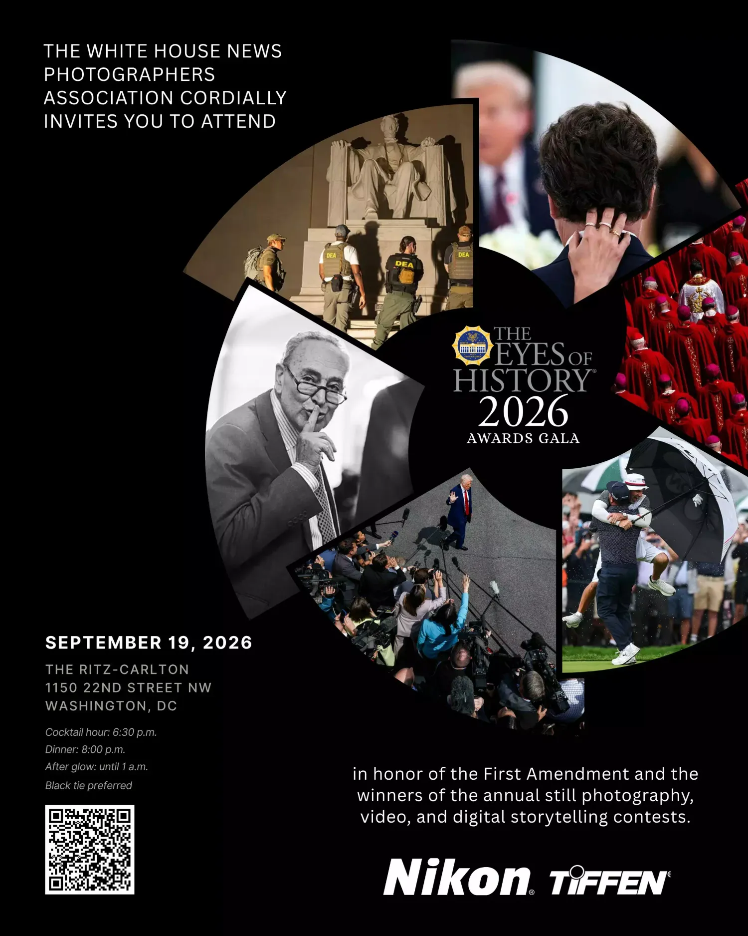 White House News Photographers Association Eyes of History 2026 Awards Gala invitation at The Ritz-Carlton, Washington DC.