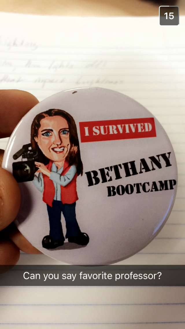 White oval badges showing cartoon illustrations with text about surviving bootcamp.