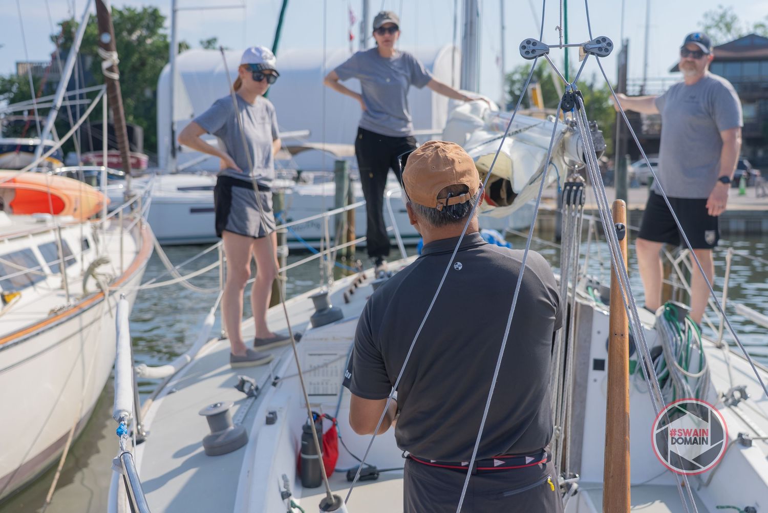A collage of sailing images showing people aboard various boats at a marina during a sunny day.