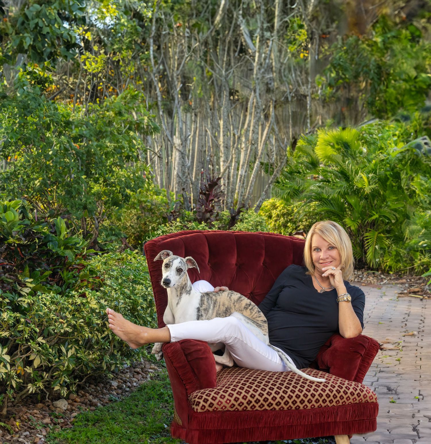 Dog relaxing on a red velvet chair in a lush garden setting.