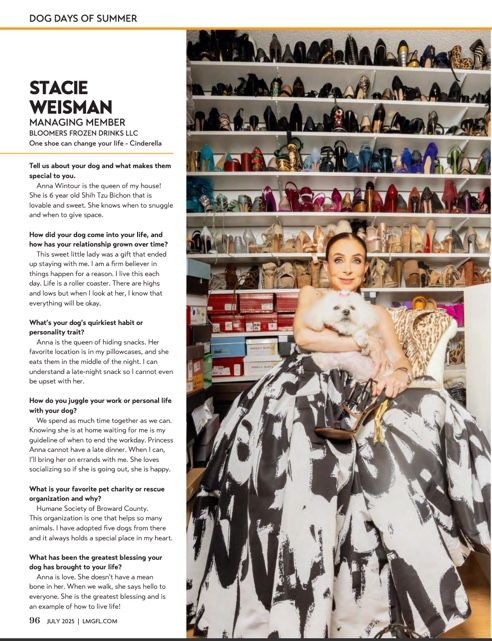 Magazine spread showcasing a collection of framed black and white dog portraits arranged on shelves.