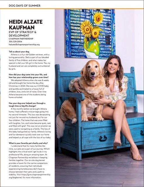 Magazine spread showcasing women and golden retrievers in outdoor settings with blue accents and interview text.