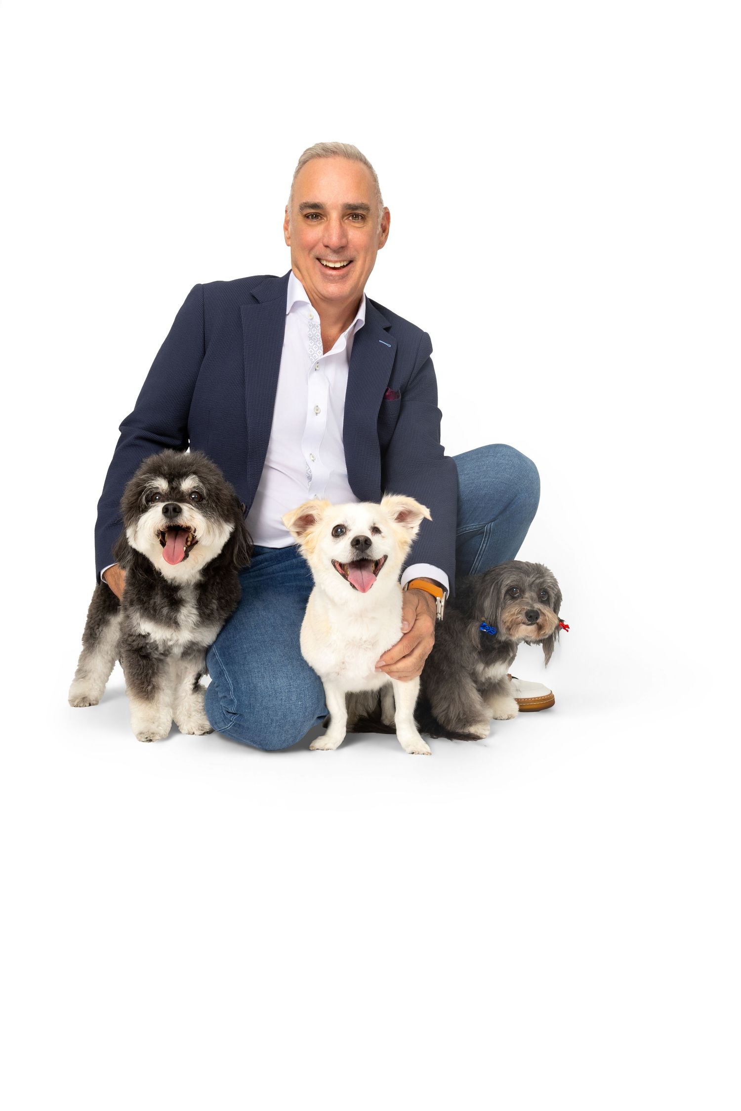 A person in business attire sits on the ground with three small dogs of different breeds posing for a casual portrait.