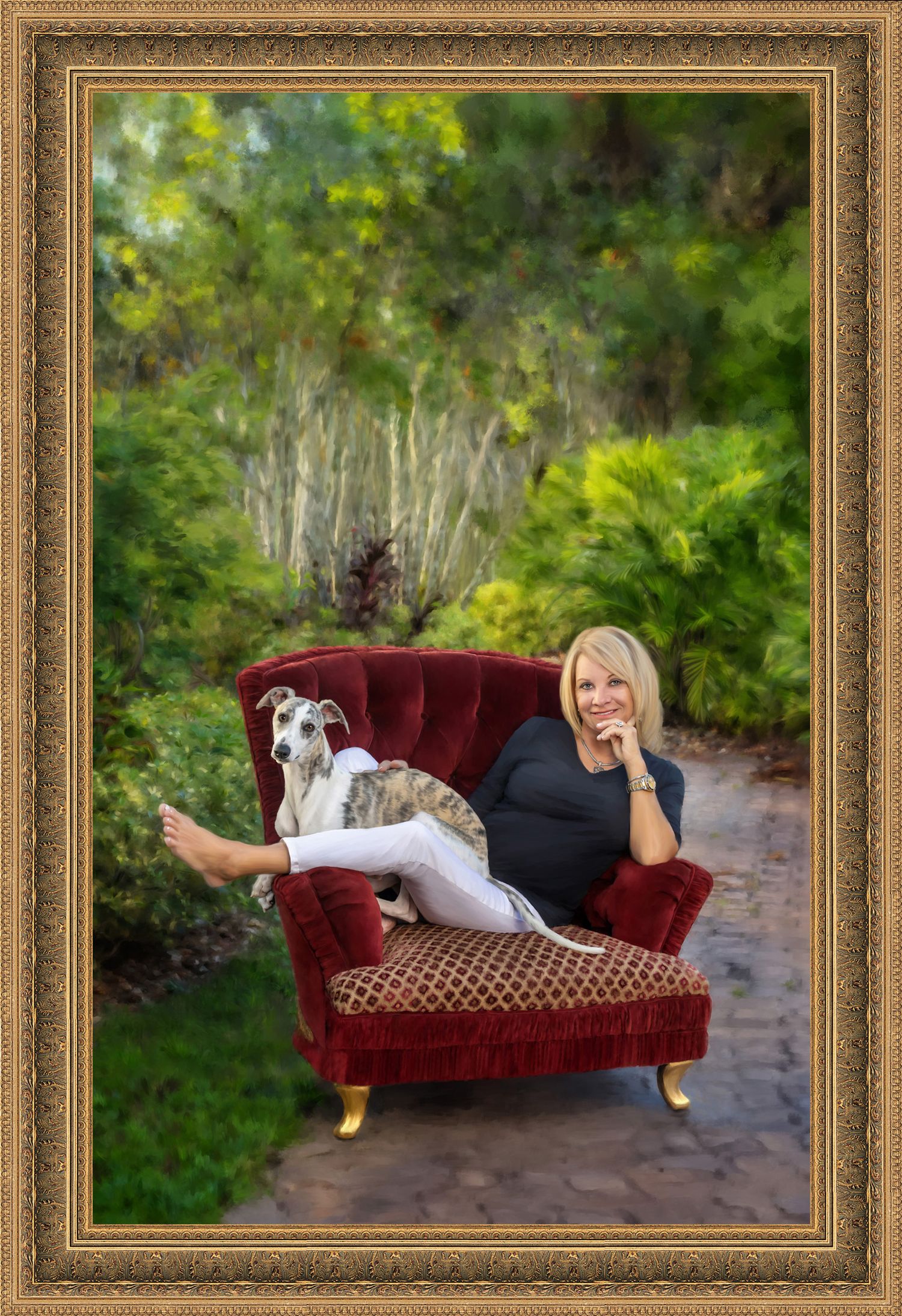 Whippet dog lounges on burgundy velvet chaise in garden setting with ornate gold frame.