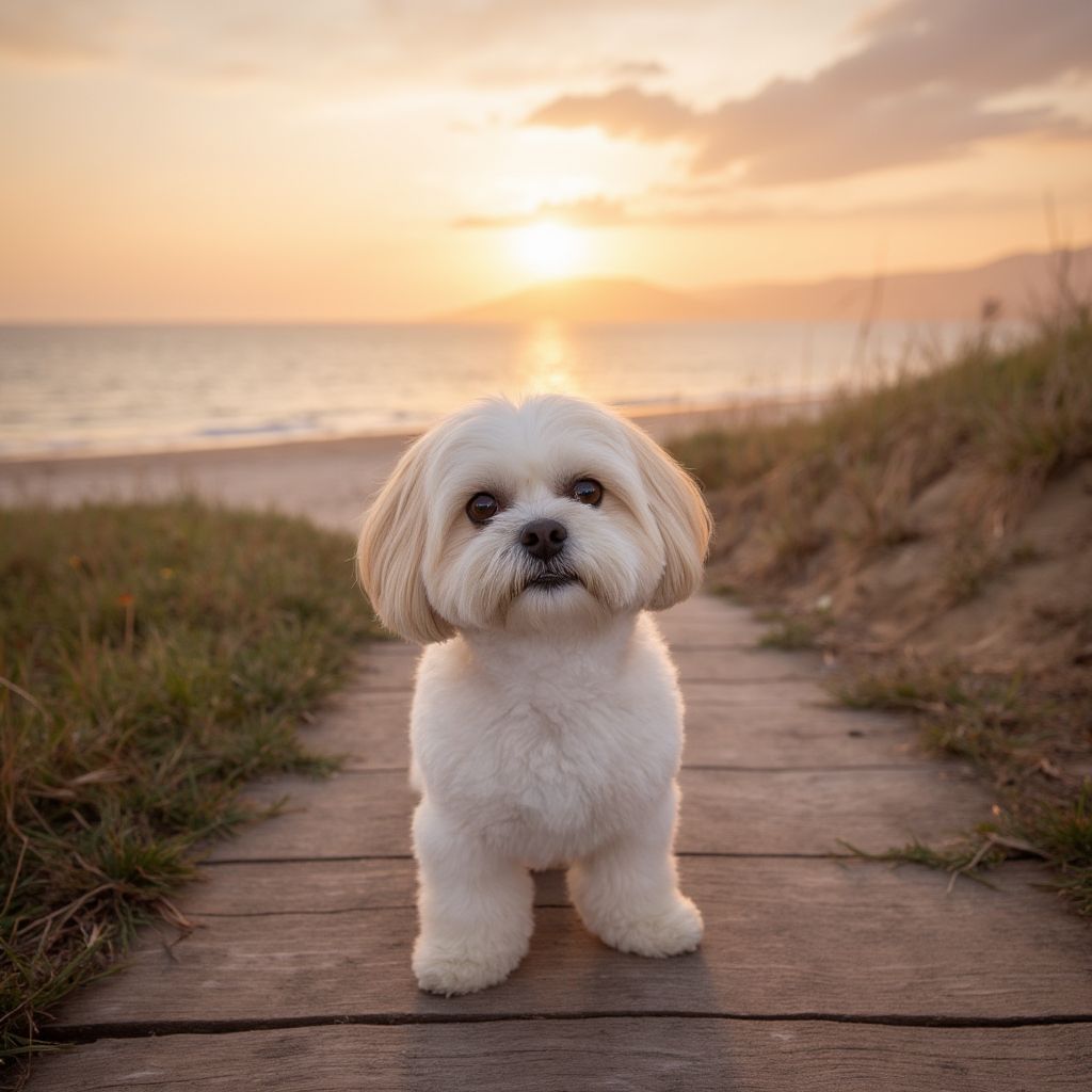 Small white Maltese puppy stands on wooden boardwalk against dramatic beach sunset backdrop.