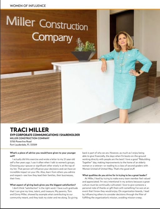 Modern office lobby featuring wooden wall signage for Miller Construction Company with reception desk and teal-suited figure.