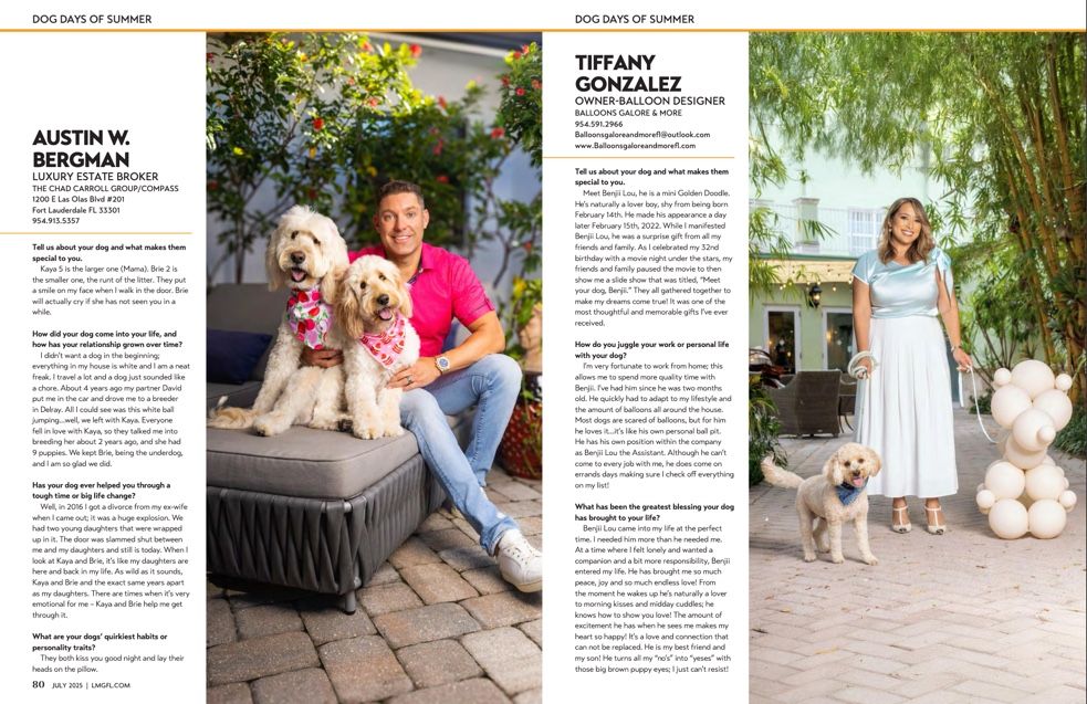 A magazine layout featuring outdoor portrait shots with a fluffy white dog and text articles on various pages.