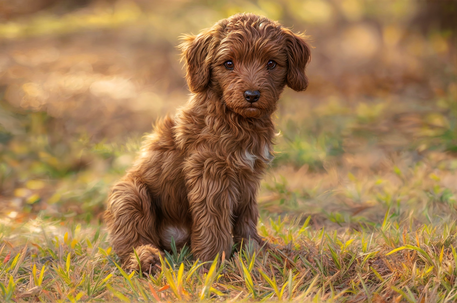 Fluffy brown Goldendoodle puppy sitting in autumn grass during golden hour.