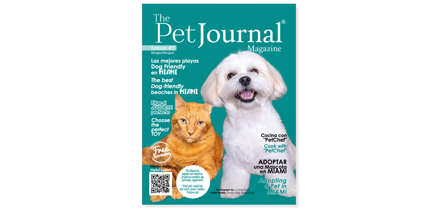 Pet Journal magazine cover featuring white dog and orange cat.