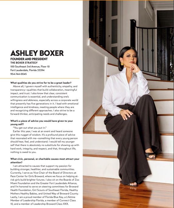 Professional woman in white shirt and dark pants sits elegantly on stairs in an editorial magazine spread.