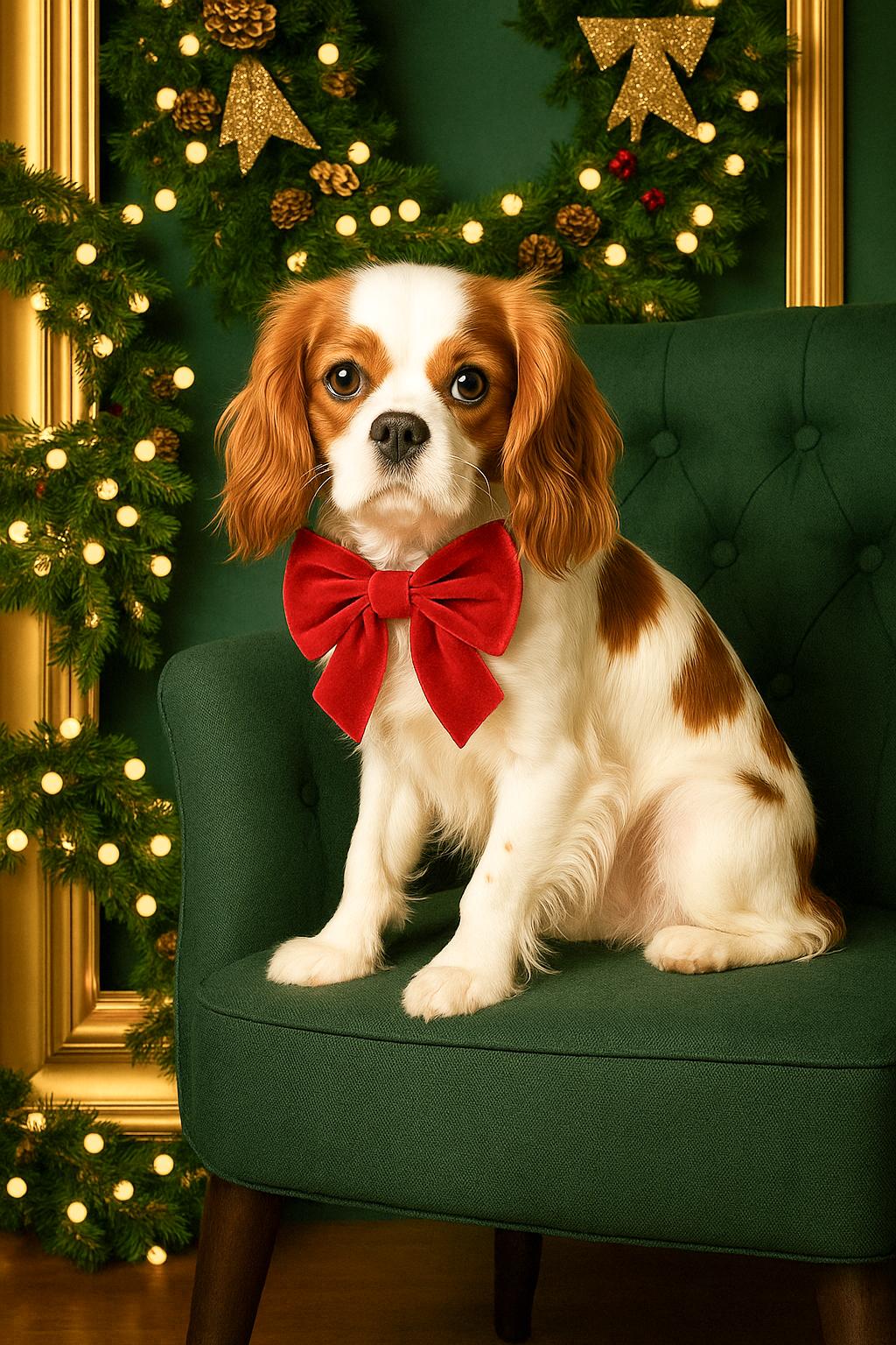 A Cavalier King Charles Spaniel wearing a red bow tie sits on a green chair with Christmas lights and decorations in background.