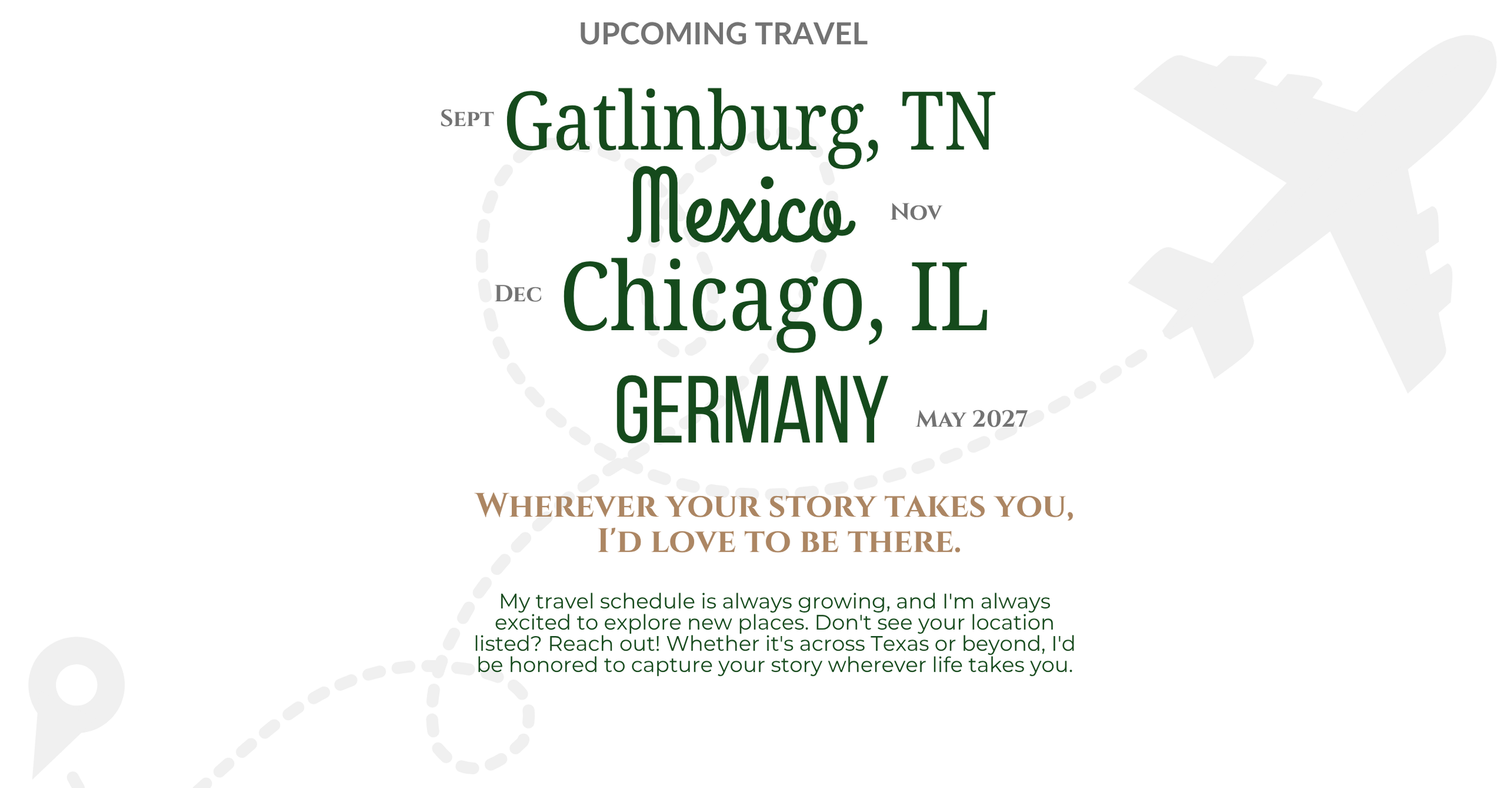 Upcoming travel destinations poster featuring Gatlinburg TN, Mexico, Chicago IL, and Germany with airplane graphic.