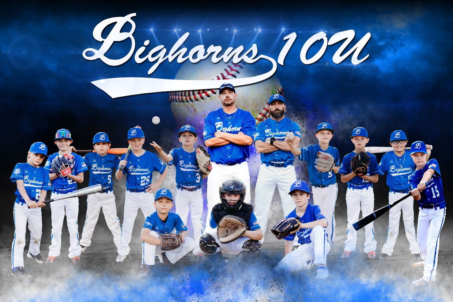 Bighorns 10U baseball team composite shows smiling players and coaches in blue jerseys with gear against a cloudy blue backdrop.