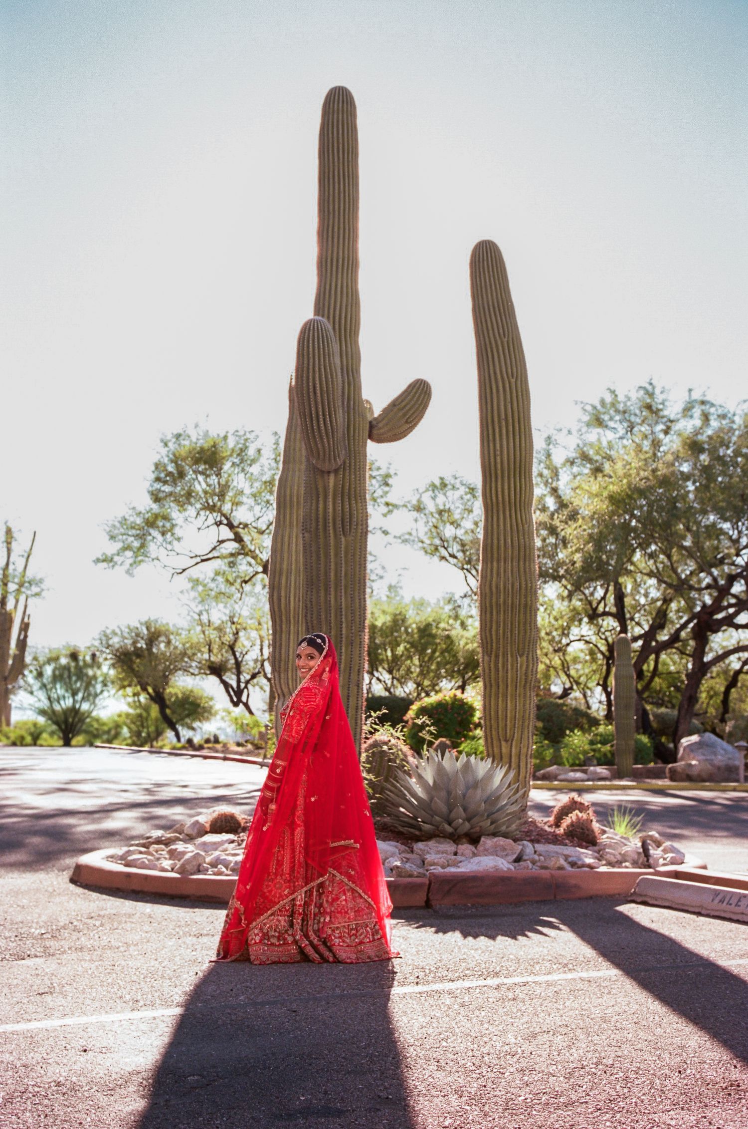 A flowing red dress creates dramatic contrast against towering saguaro cacti in the desert.