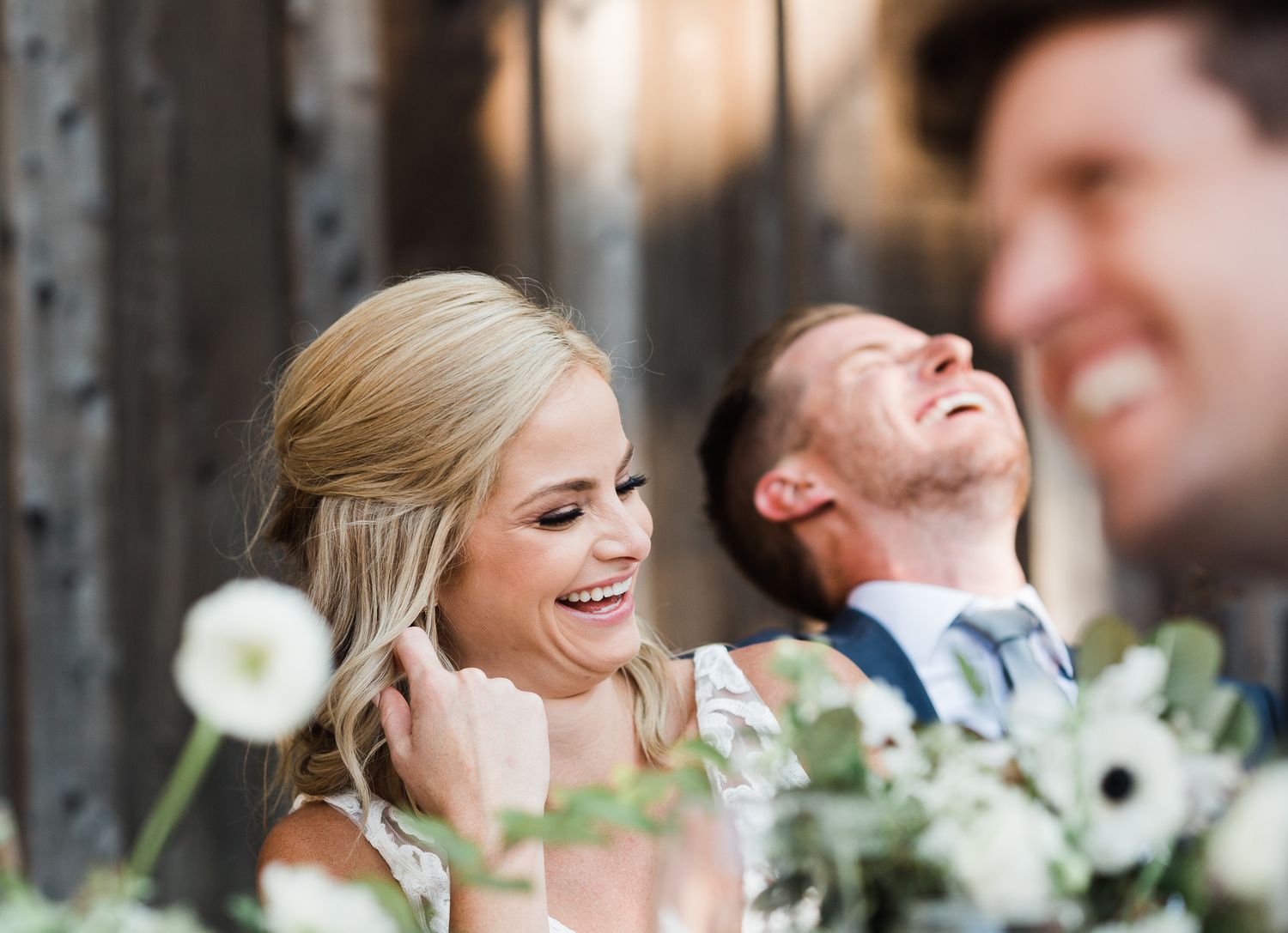 Close-up wedding portraits showing joyful expressions and tender moments between a couple.