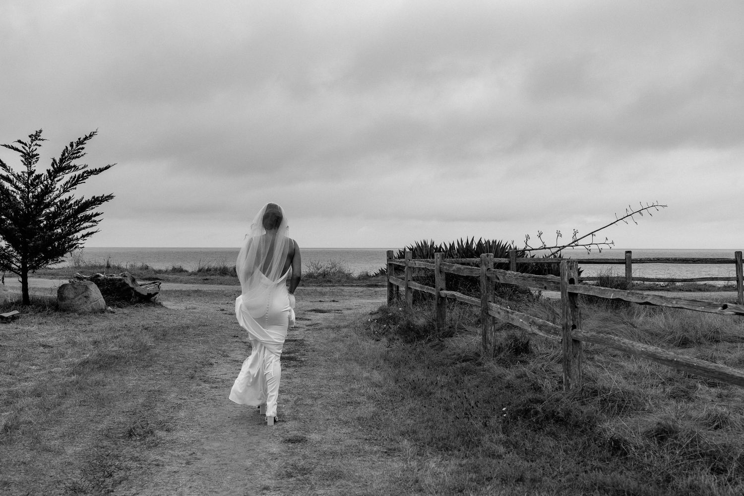 Figure in white dress walking along coastal path with rustic wooden fence.