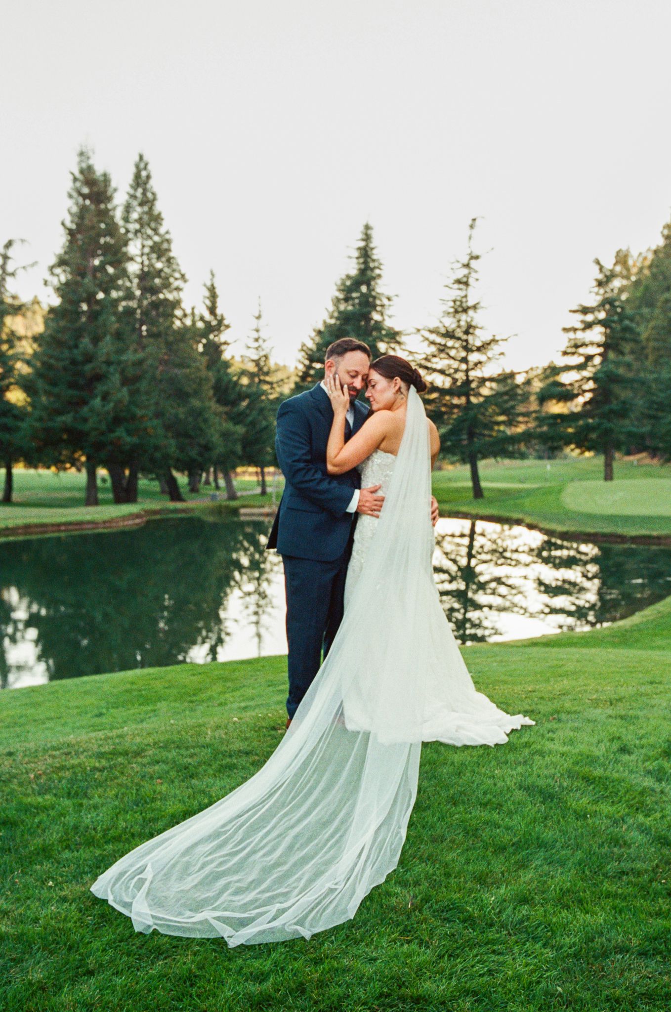 Romantic sunset wedding portrait by a lake with flowing veil and evergreen trees in background.