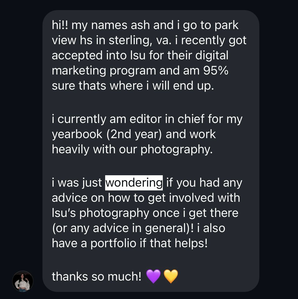 Text message conversation asking for advice about getting involved in LSU's photography and digital marketing program.