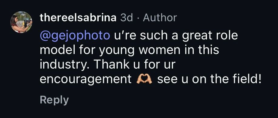 A Twitter reply comment thanking someone for being a role model for young women in their industry.