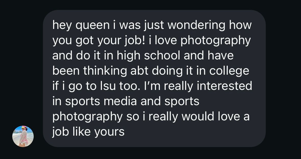 Dark social media chat messages discussing career interests in photography and sports.